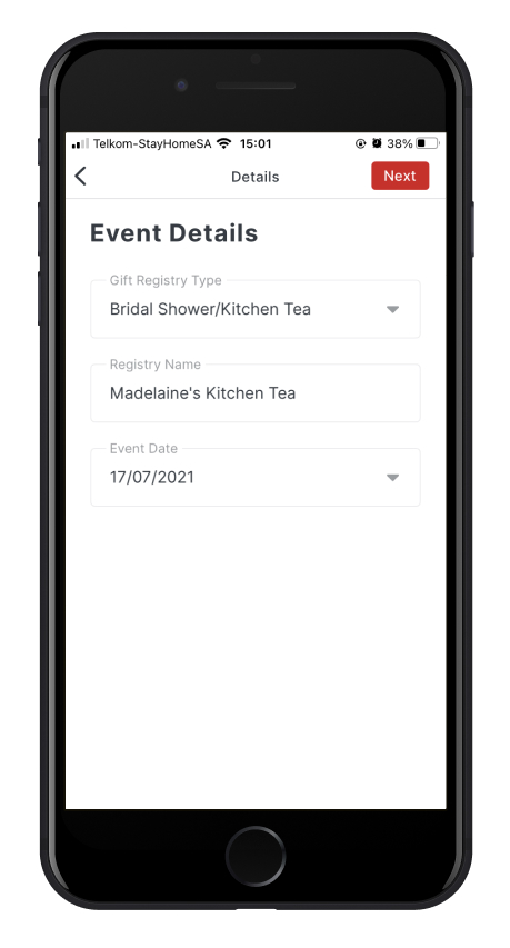 Enter Gift registry details